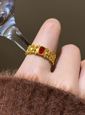 古婷复古沙金锆石花丝戒指高级感