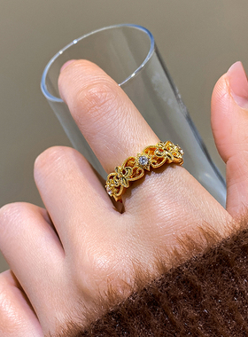 古婷复古镂空沙金开口戒指高级感