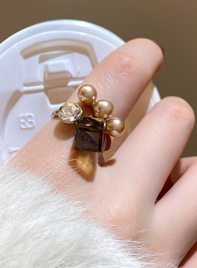 古婷单颗锆石方块珍珠戒指高级感