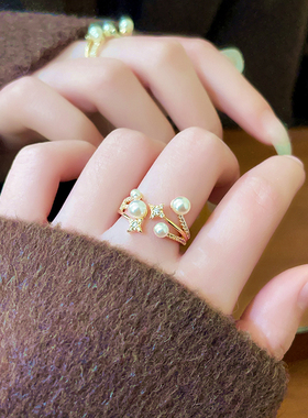 古婷金色微镶星星珍珠戒指高级感