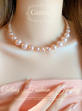 古婷轻奢紫色交叉珍珠项链高级感