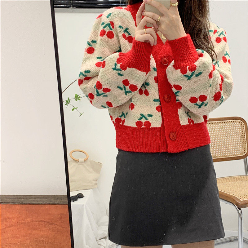 韩版提花小樱桃灯笼袖针织开衫毛衣 黎凡奈毛针织衫