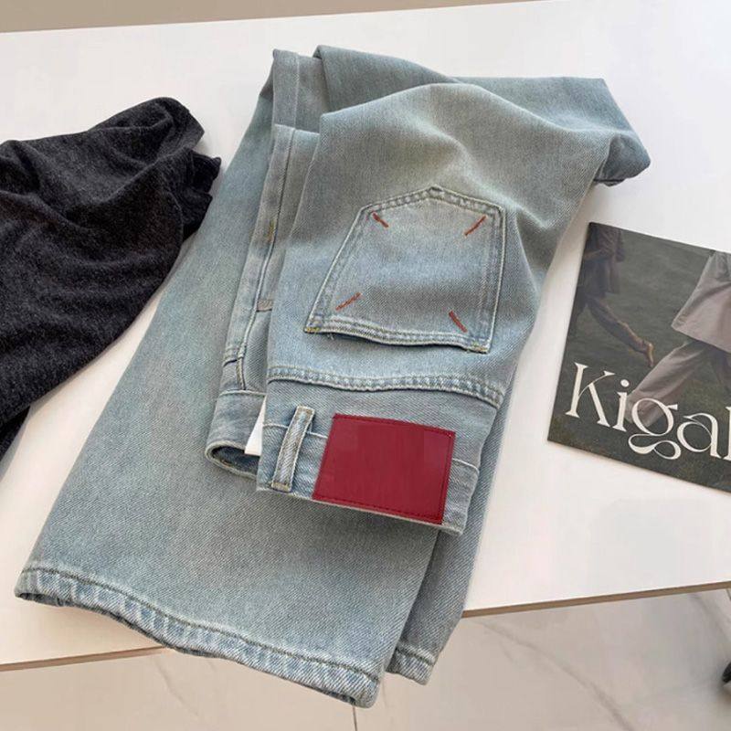 刺绣梨形春秋夏阔腿牛仔裤女撞色设计红标高腰拖地宽松直筒长裤子,淘宝优惠券,粉丝福利购,淘宝优惠卷