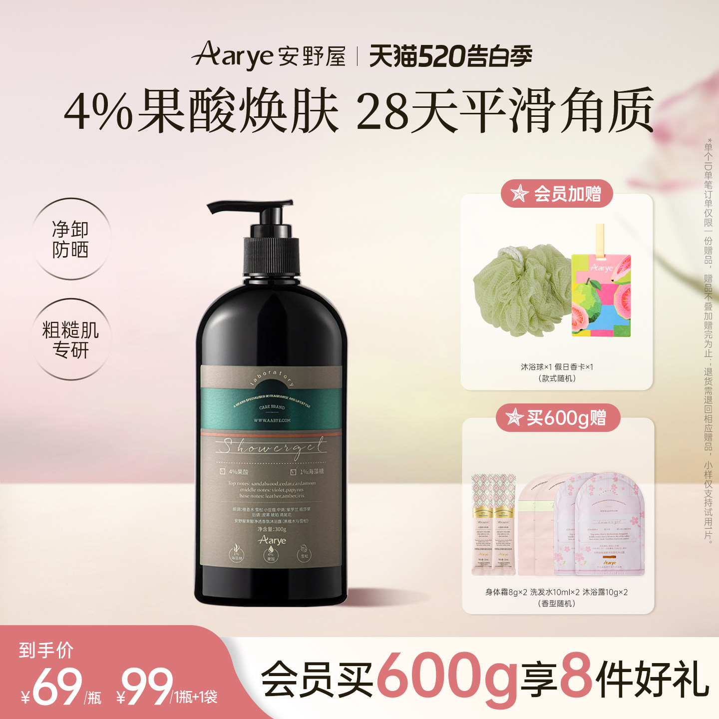 【618抢先购】aarye安野屋果酸香氛沐浴露持久留香去糙光滑保湿