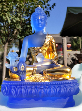 琉璃药师佛摆件居家供奉客厅家用佛具镇宅莲花底座琉璃光如来佛像