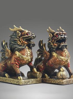 全铜麒麟摆件一对公母麒麟踩八卦中式办公室家居装饰品黄铜工艺品