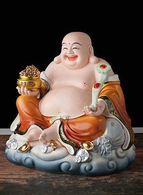 德化陶瓷大肚笑佛元宝神像摆件佛像家用招财办公室弥勒佛如意供奉