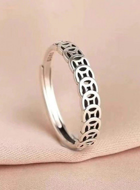 戒指女泰银做旧钱多多食指韩版ins复古个性招财指环