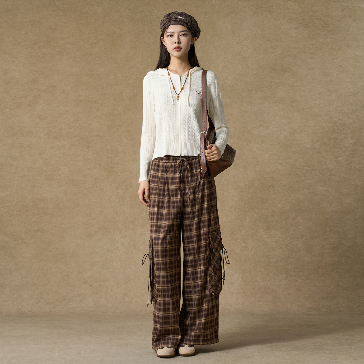 西町村屋潮流阔腿裤女装2025秋季新款休闲风抽绳格子裤XAAC10325,淘宝优惠券,粉丝福利购,淘宝优惠卷