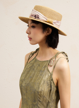 西町村屋法式草帽女夏季新款复古感平顶遮阳帽XABB60045