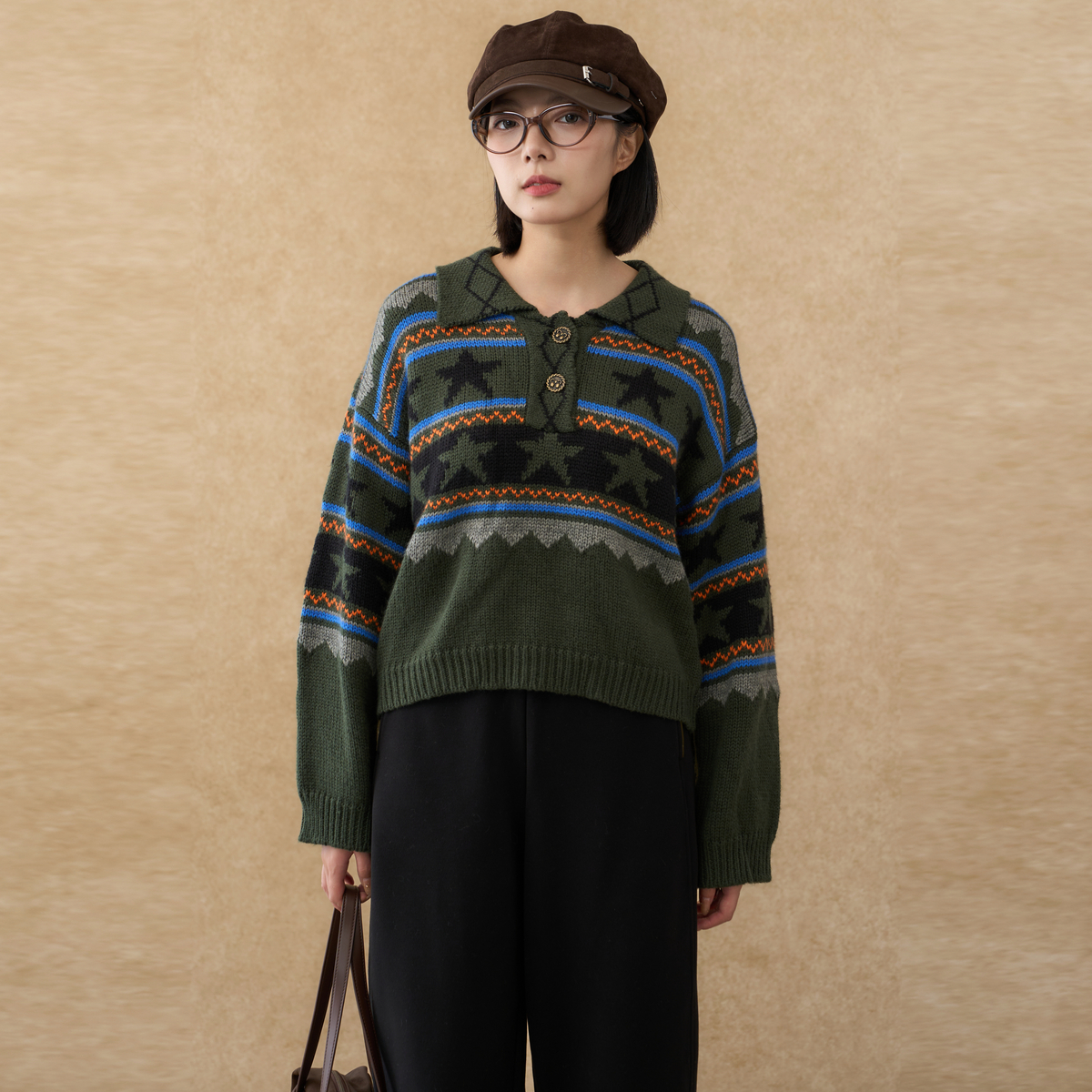 西町村屋复古翻领毛衣女装冬季新款学院感提花百搭上衣AD8104330 - 图1