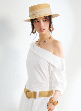 西町村屋法式草帽女夏季新款温柔感亚麻边拉菲草平顶帽XHBB60036