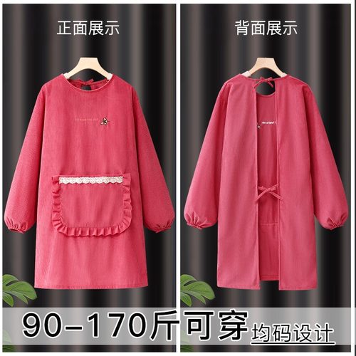 韩版时尚新款厨房做饭围裙灯芯绒耐磨上班工作服餐饮专用罩衣长袖 - 图2