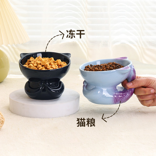 黑色猫咪喝水碗陶瓷猫碗猫食盆可爱高脚狗狗碗宠物碗猫盆防黑下巴 - 图0