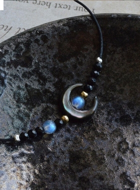 黑蝶贝月亮项链女极细月光石高级感锁骨链仙气贝母月牙编织绳百搭