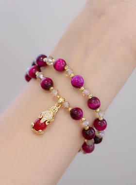 双层玫红虎眼石手链女 金玉满堂貔貅猫眼旺夫石水晶手串女款百搭