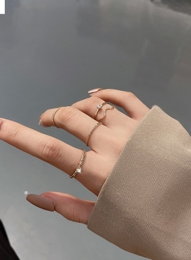 韩国素圈冷淡风网红戒指女潮流时尚个性简约组合套装珍珠指环百搭