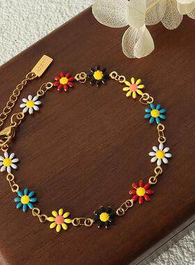 韩系小众个性多巴胺滴油小雏菊拼接设计简约百搭钛钢镀金首饰套装