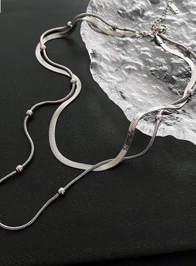 简约链条气质小众设计钛钢扁蛇链冷淡风锁骨链女时尚双层项链百搭
