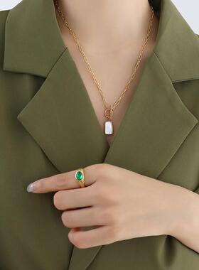 欧美极简个性天然白海贝OT扣长牌吊坠项链彩光泽优雅耳环首饰套装