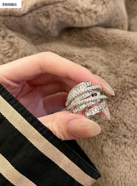 新品银色锆石时尚复古气质精致食指可调节开口戒指百搭