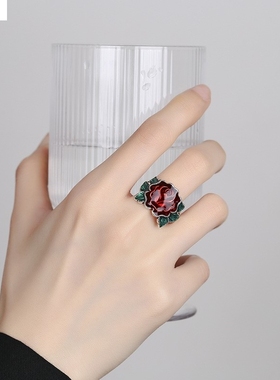 复古民族风珐琅烧蓝玫瑰花戒指女个性泰银花卉活口指环情人节百搭