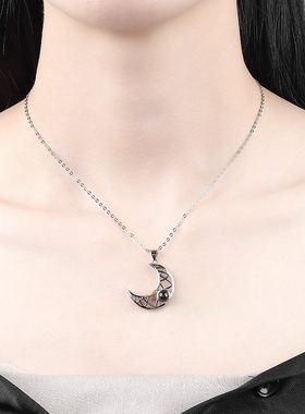 100种语言磁铁日月情侣投影项链 月亮吊坠个性七夕情人节礼物百搭