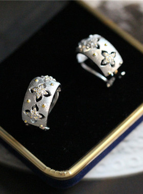 意大利手工拉丝宫廷风双色金工艺布拉提戒指真金电镀法式气质耳环