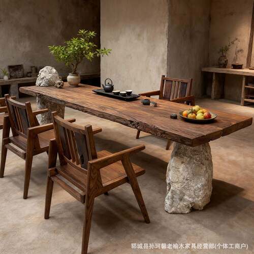 侘寂风老榆木茶桌休闲椅民宿茶桌泡茶台石头一体餐桌椅实木大板桌 - 图2