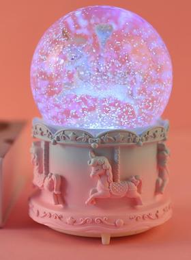 创意梦幻旋转木马水晶球音乐盒发光 送女学生日儿童礼物树脂摆件