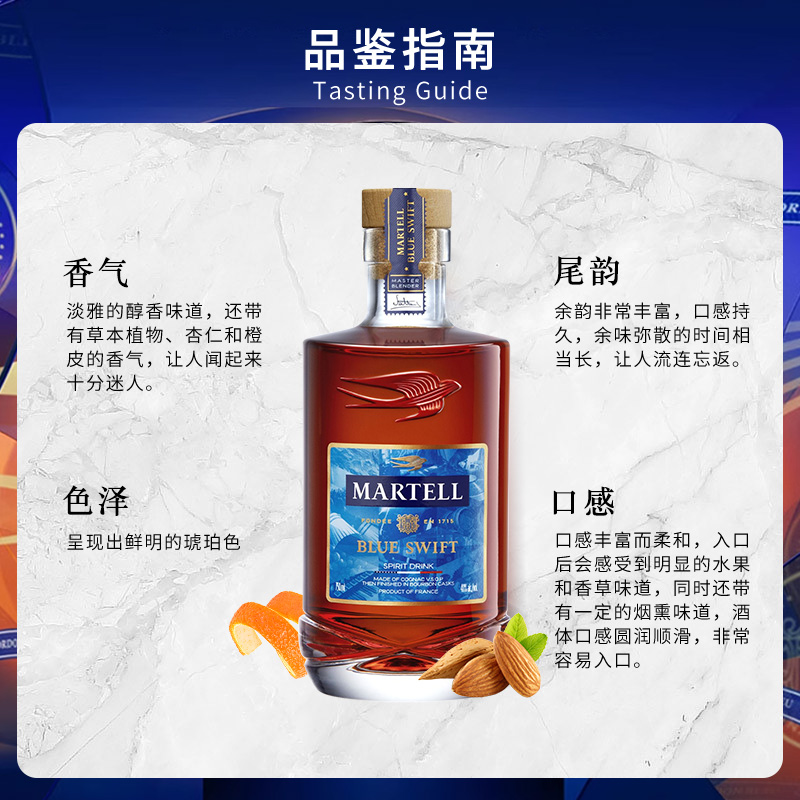 Martell马爹利波本750ml蓝淬燕VSOP干邑白兰地洋酒Blue Swift雨燕 - 图0