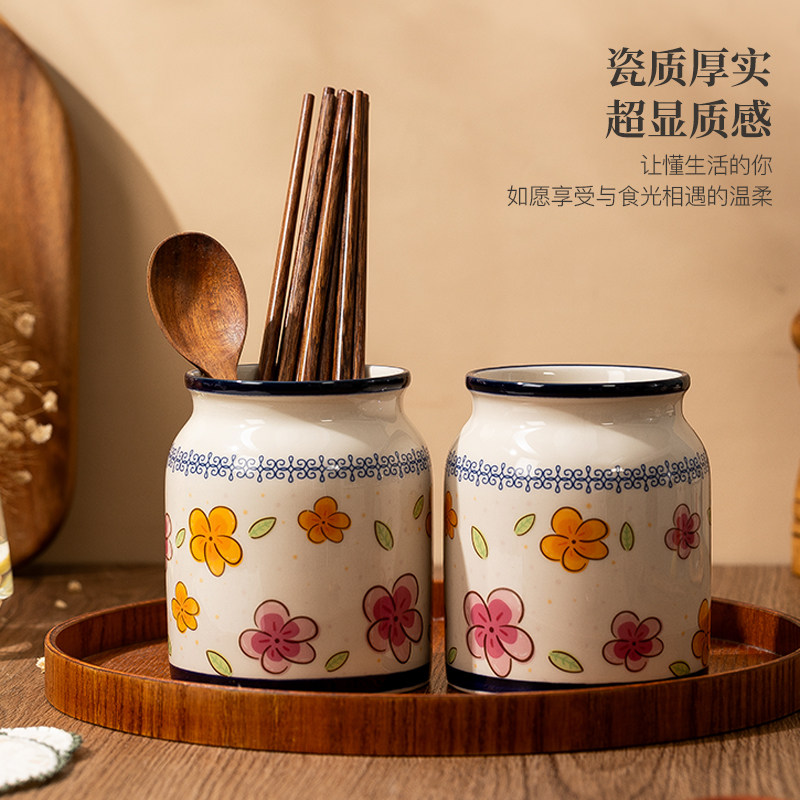 筷子筒家用2025新款陶瓷复古大号圆形米饭铲子筷子置物架勺子餐具,淘宝优惠券,粉丝福利购,淘宝优惠卷