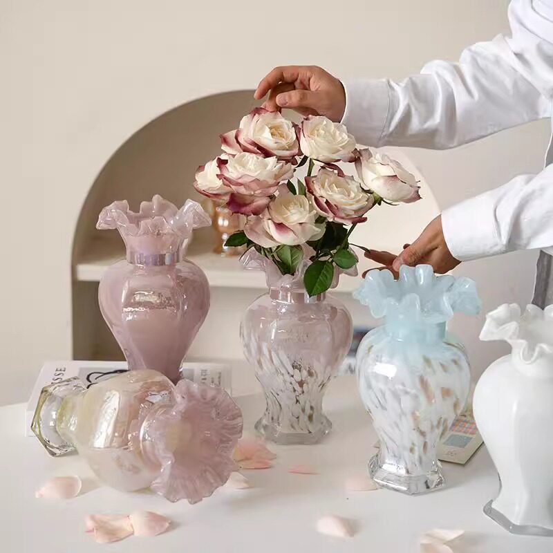 ins风粉色芬顿玻璃花瓶中古人鱼姬琉璃花器插花水养装饰法式浪漫,淘宝优惠券,粉丝福利购,淘宝优惠卷