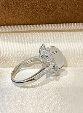 S925银蛋面戒指镶嵌水沫玉玻璃种白冰玉髓戒面气质女指环一件