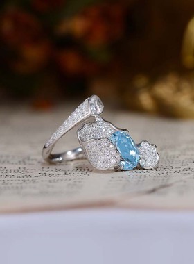 天然托帕石天空蓝椭圆7*9mm高级珠宝S925银镀18k金闭口戒指