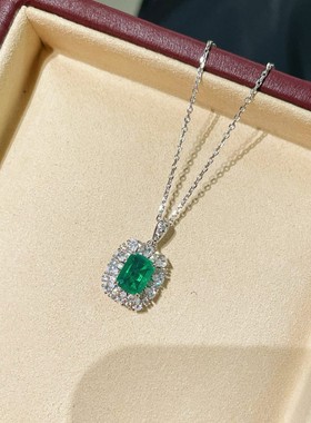 925银镀金 进口合成祖母绿项链2.2克拉无油木佐色祖母绿吊坠轻奢
