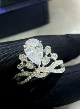 S925银水滴形钻皇冠冠冕戒指女超闪仿真钻求婚指环精工高级