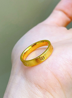 5G黄金色沙金镀金999米字车花戒指男女钻纹螺丝纹拉丝指环高级感