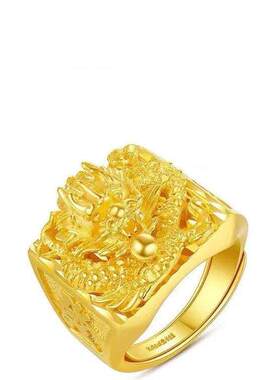 沙金龙形戒指时尚霸气潮流生肖龙正品金色活口戒指龙头不掉色首饰