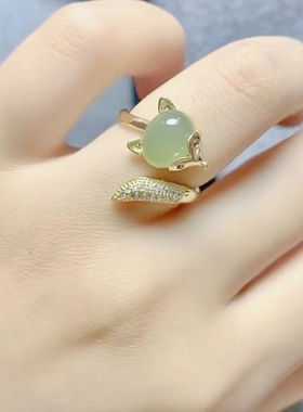 天然新疆和田碧玉狐狸戒指菠菜绿925银青白玉湖水清玉石女款证书