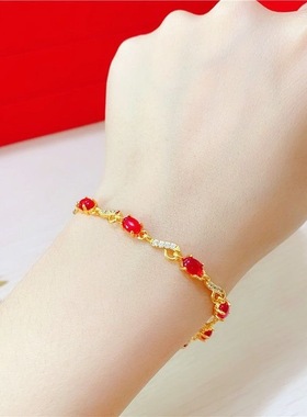 新款越南沙金时尚气质红色手链女士百搭铜镀金欧币手链久不掉色