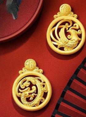 越南沙金龙凤呈祥情侣吊坠挂绳铜镀金民族风龙凤吊牌久不掉色项坠