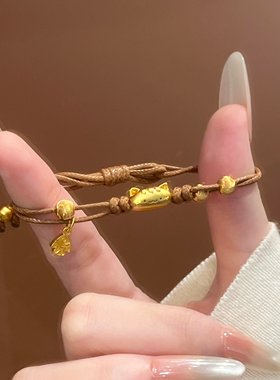 复古简约沙金法棍猫手链女款招财猫编织手绳转运珠手链轻奢高级感