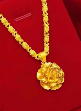 【久不掉色】新款正品越南沙金精品凤尾项链粗黄金色牡丹吊坠女款