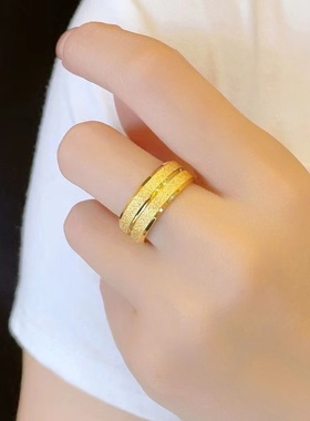 轻奢越南沙金色戒指个性网红磨砂三横男女款情侣素圈不掉色指环