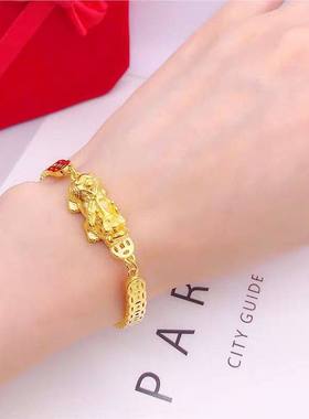 3D硬金镀黄金招财貔貅手镯女铜钱纹皮休手链沙金饰品不掉色礼物