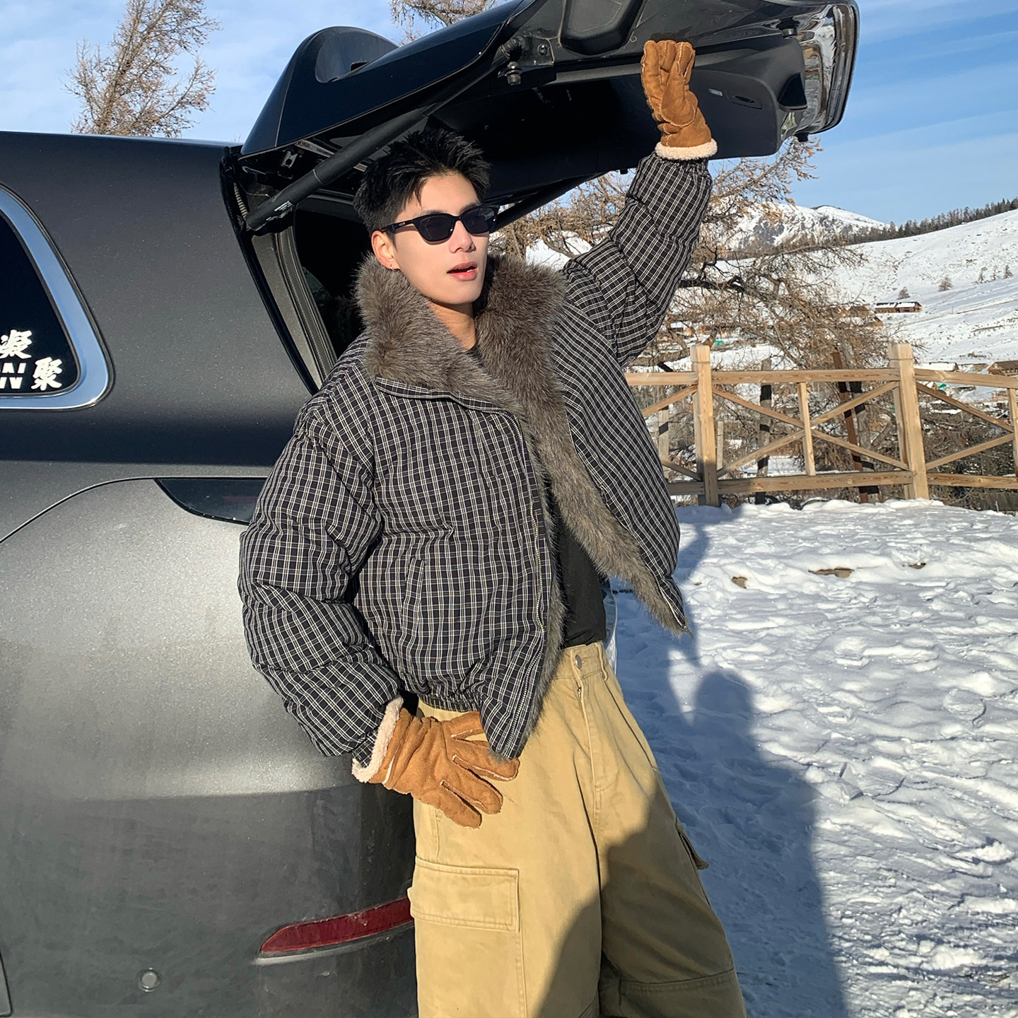 Holocene美式潮牌座山雕毛领格子棉衣外套男冬季短款宽松加厚棉服,淘宝优惠券,粉丝福利购,淘宝优惠卷