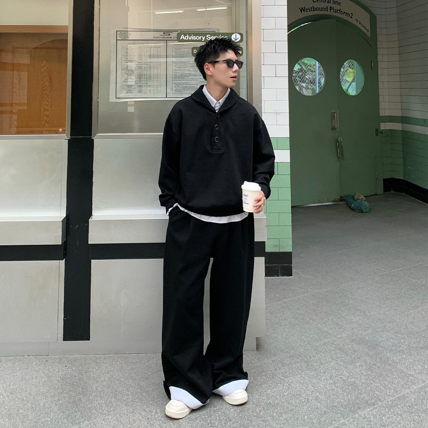 Holocene美式潮牌氛围感纯色假两件卫衣套装男秋季老钱一整套搭配 - 图0