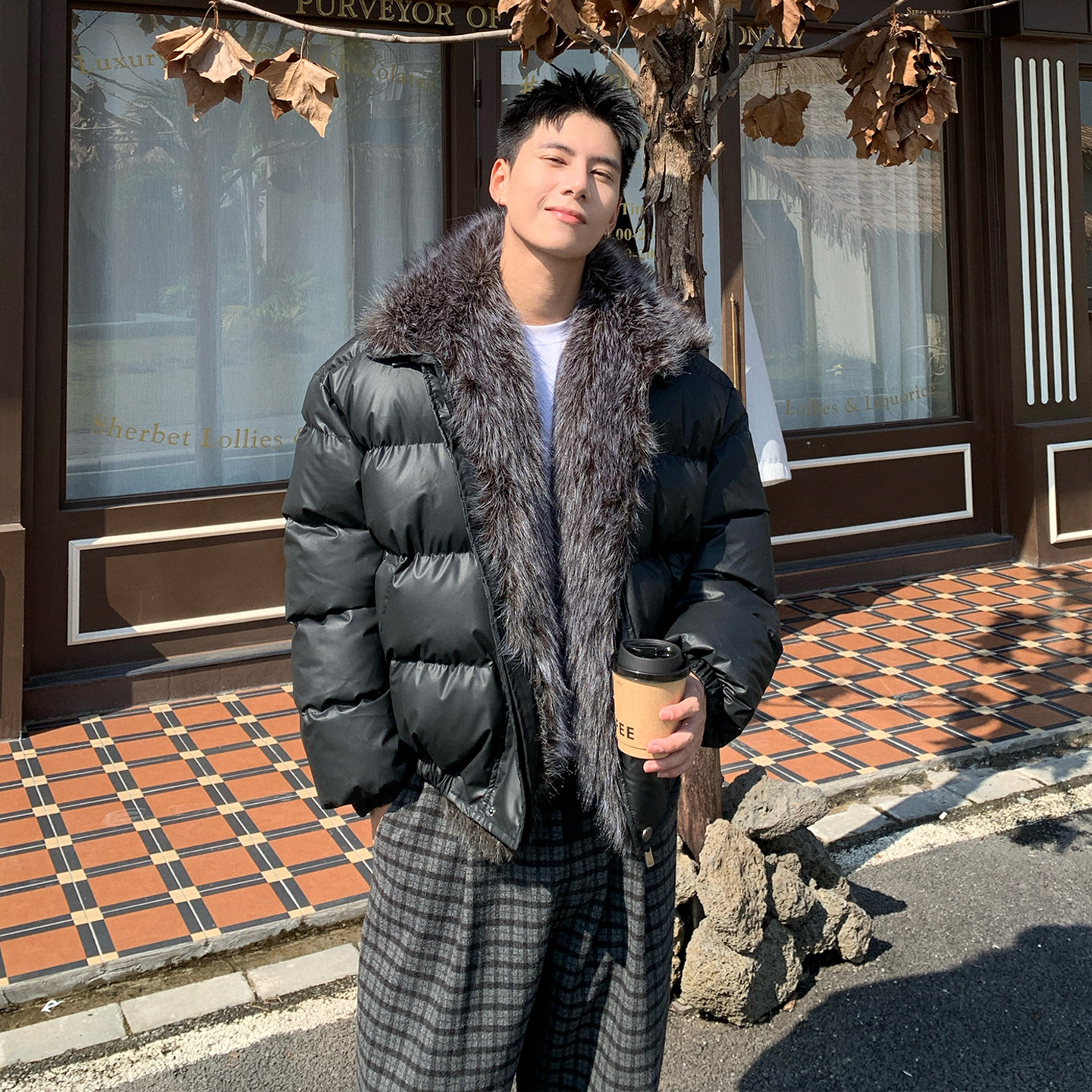 Holocene美式潮牌毛领毛绒座山雕棉服复古短款加厚保暖防风棉衣男,淘宝优惠券,粉丝福利购,淘宝优惠卷