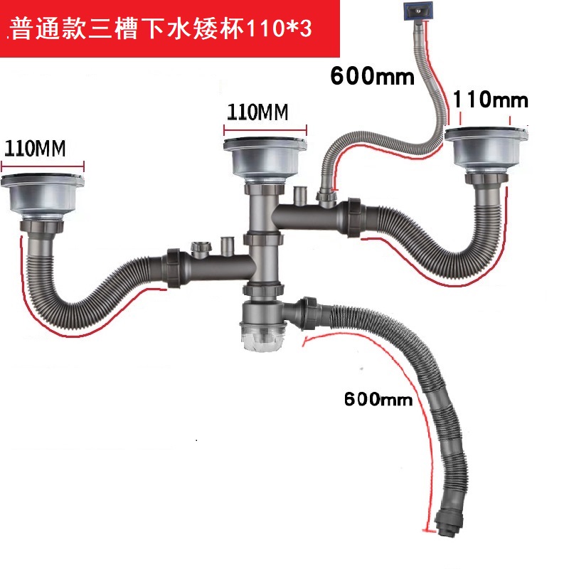 厨房洗菜盆下水管配件双140三槽洗碗池160下水器防臭后置排水管-图1